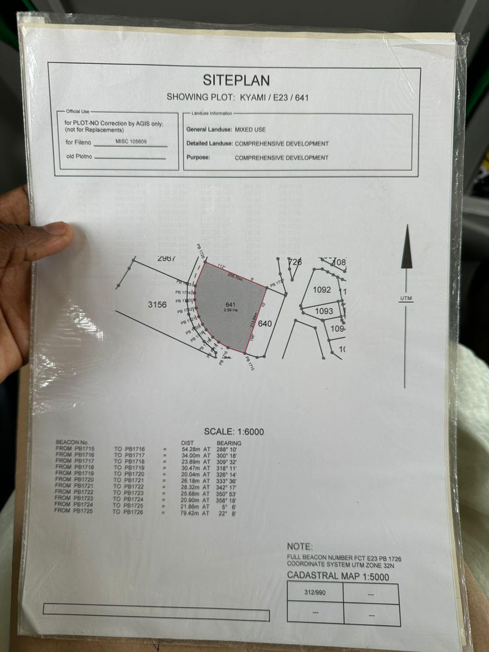 Kyami  4 hectares  Plot:641 Purpose:Mixed use(comprehensive development) Title:R of O  Price:680M