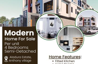 AVAILABLE FOR SALE   2 Units of 4 Bedroom semi-detached house  Price:  N225m (50% initial payment)  Location: Aladura Estate, Anthony,  Lagos, Nigeria