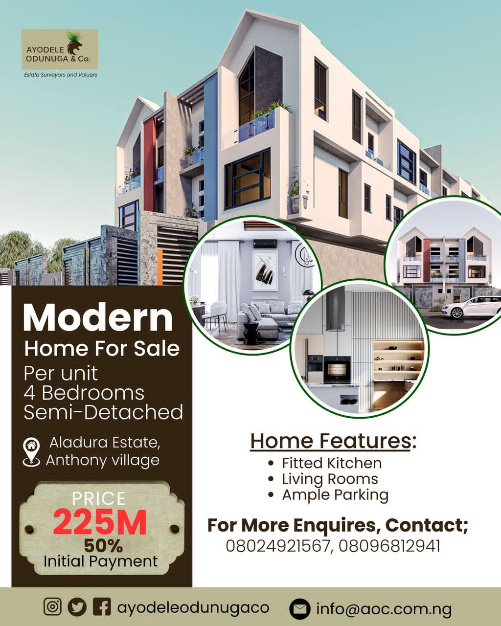 AVAILABLE FOR SALE   2 Units of 4 Bedroom semi-detached house  Price:  N225m (50% initial payment)  Location: Aladura Estate, Anthony,  Lagos, Nigeria