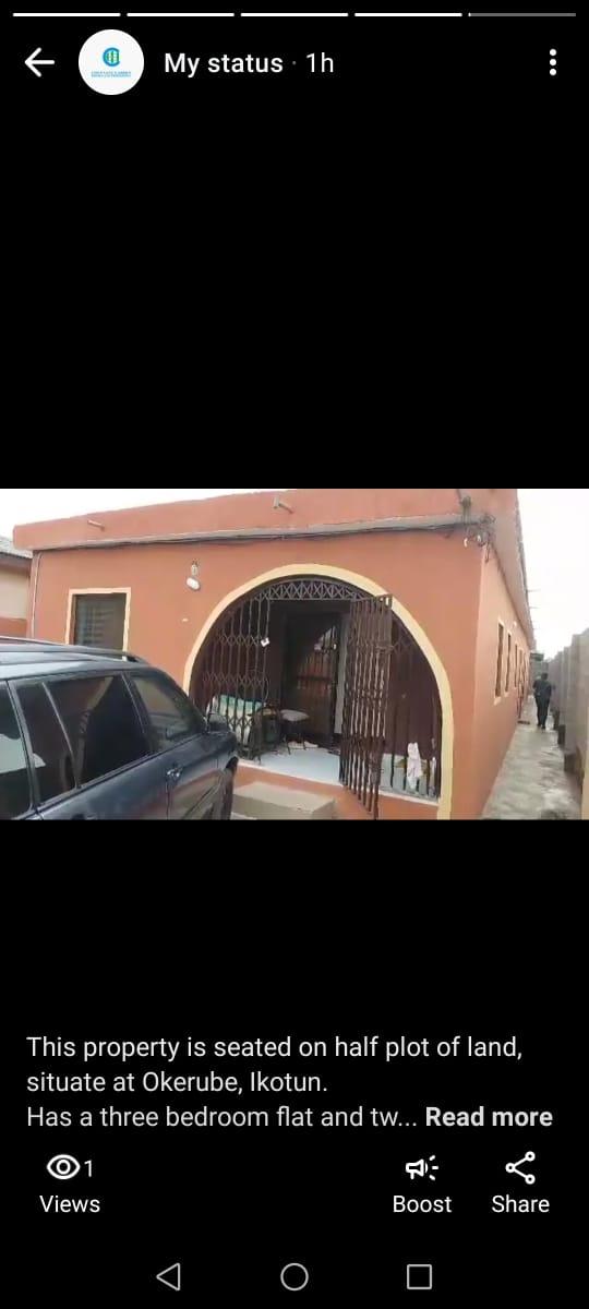 This property is seated on half plot of land, situate at Okerube, Ikotun. Has a three bedroom flat and two numbers of mini flat with a decking for future development