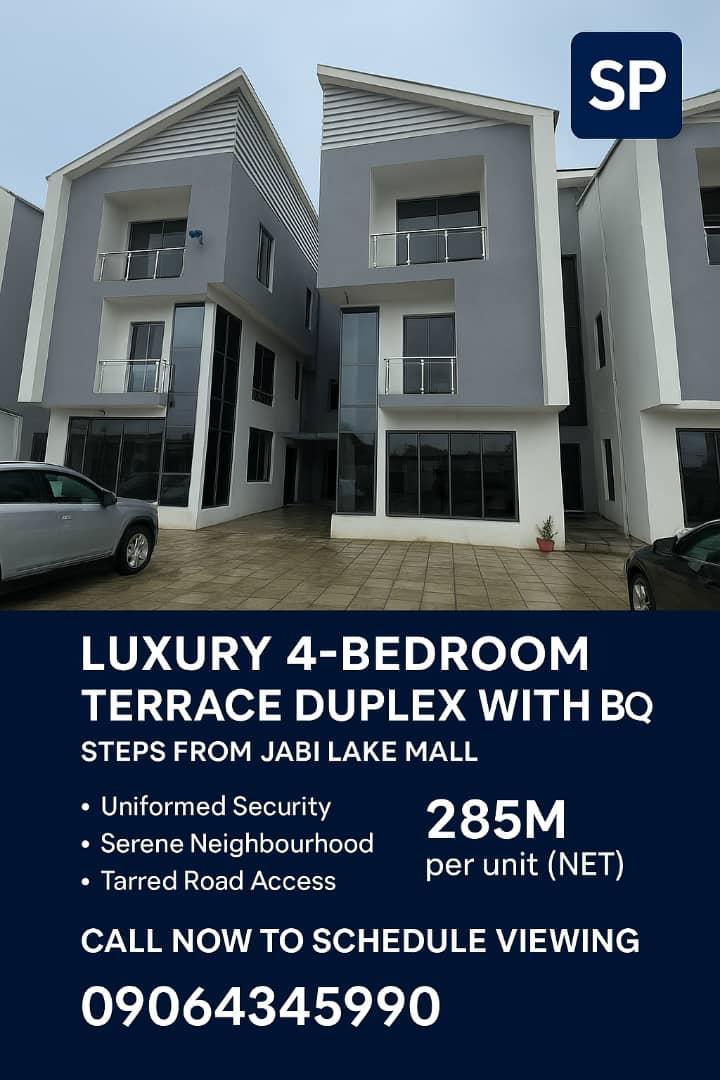 2 Units of luxury 4-bedroom terrace duplex with BQ, right beside Jabi Lake Mall.