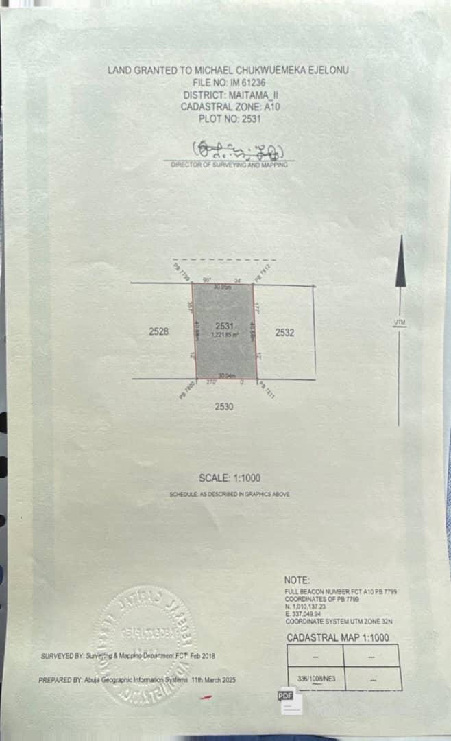 Sale Maitama2  Plot 2531,  Size 1221.,Title: C of O  collected,Price 75M Net