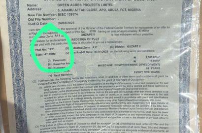 Land Guzape 2, Abuja.  47.3Ha. Purpose: Mixed use  R of O price  N3billion.