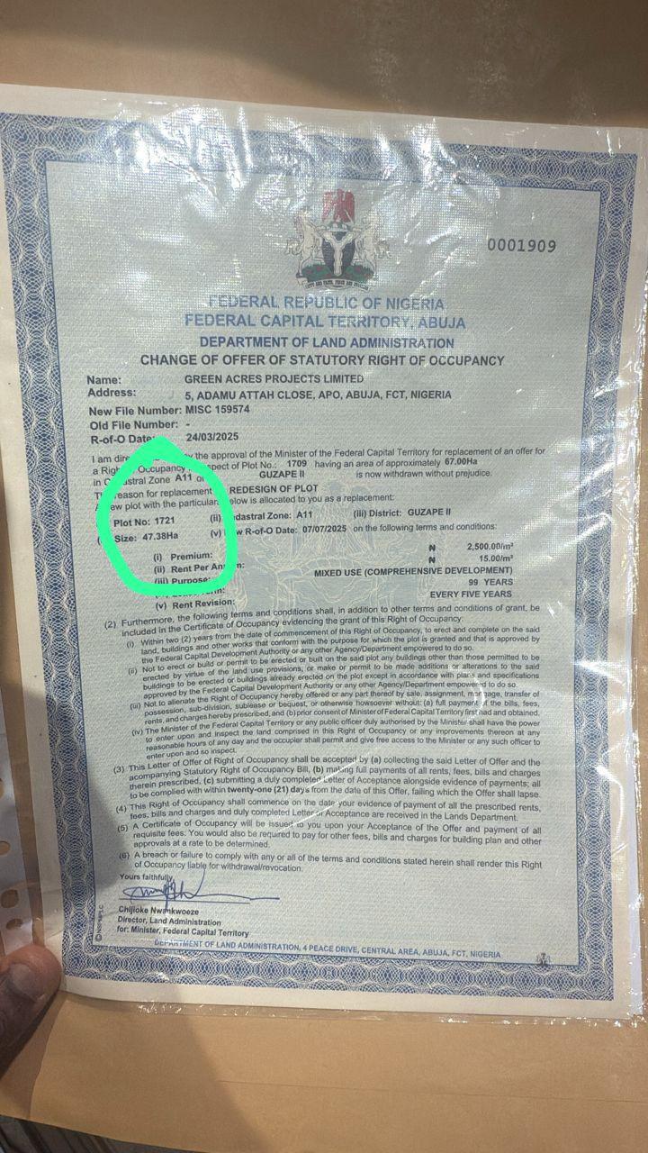 Land Guzape 2, Abuja.  47.3Ha. Purpose: Mixed use  R of O price  N3billion.