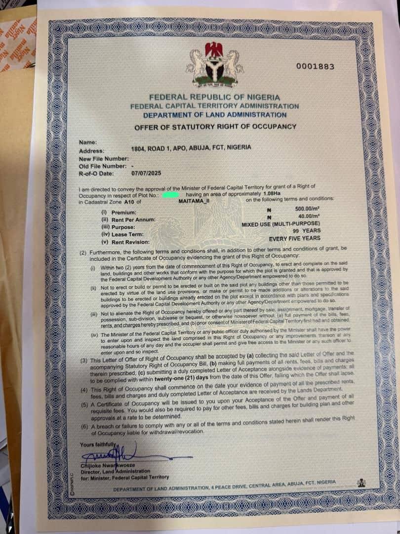 1 HAC MAITAMA 2 SALE   SIZE: 1 Hectares   of Mixed Used (multi purpose)   Location : Maitama 2   Title: C of O Collected   Price : 700m net